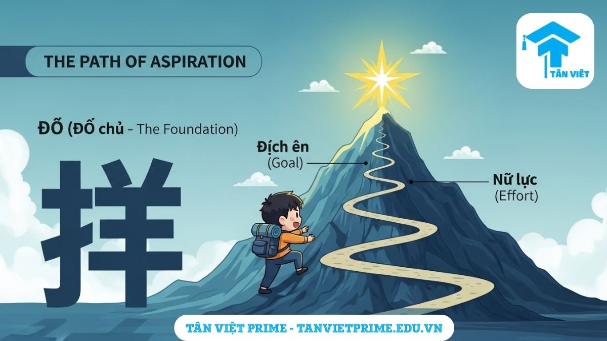 Chữ Chí trong Tiếng Hán (志 / Zhì): Từ Ý Chí, Nguồn Gốc Đến Ứng Dụng A-Z 3 Hình ảnh minh họa ý nghĩa chữ Chí (志), mô tả một nhân vật chibi leo lên ngọn núi có nền tảng là chữ Chí để làm rõ khái niệm "có chí thì nên". Truyền cảm hứng học tiếng Trung.