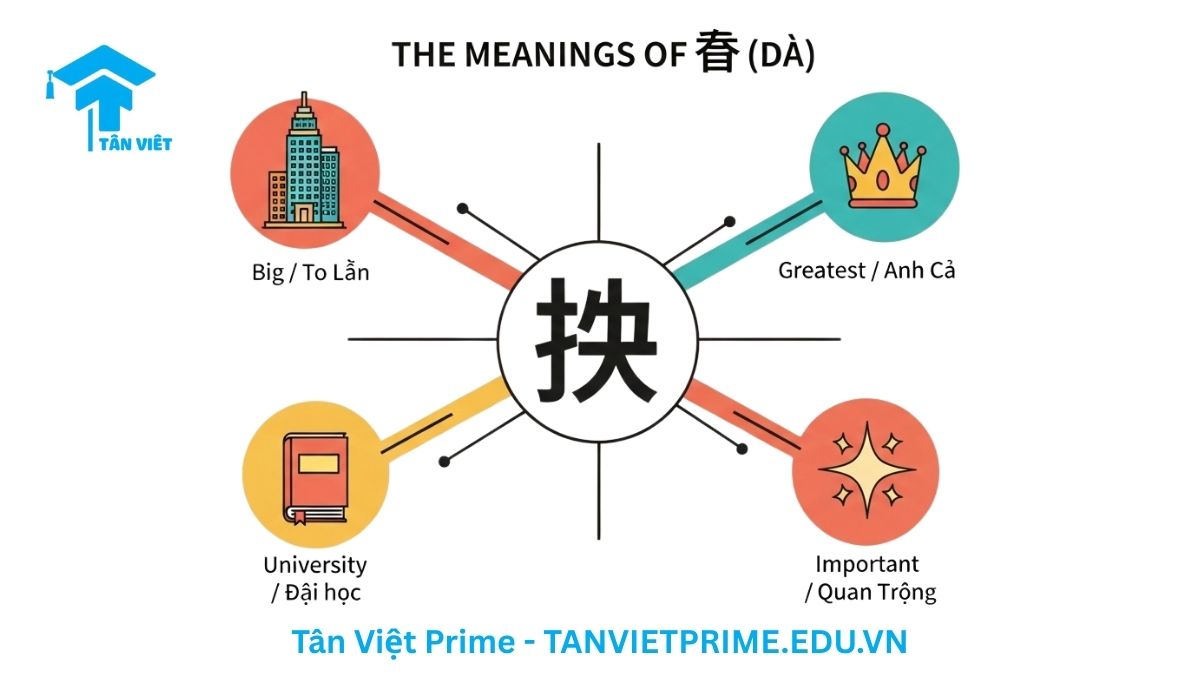 Infographic giải thích nguồn gốc tượng hình của chữ Đại (大), mô tả hình ảnh một người dang tay phát triển thành ký tự Hán để làm rõ ý nghĩa "to lớn". Giúp người học ghi nhớ chữ Hán qua hình ảnh trực quan.