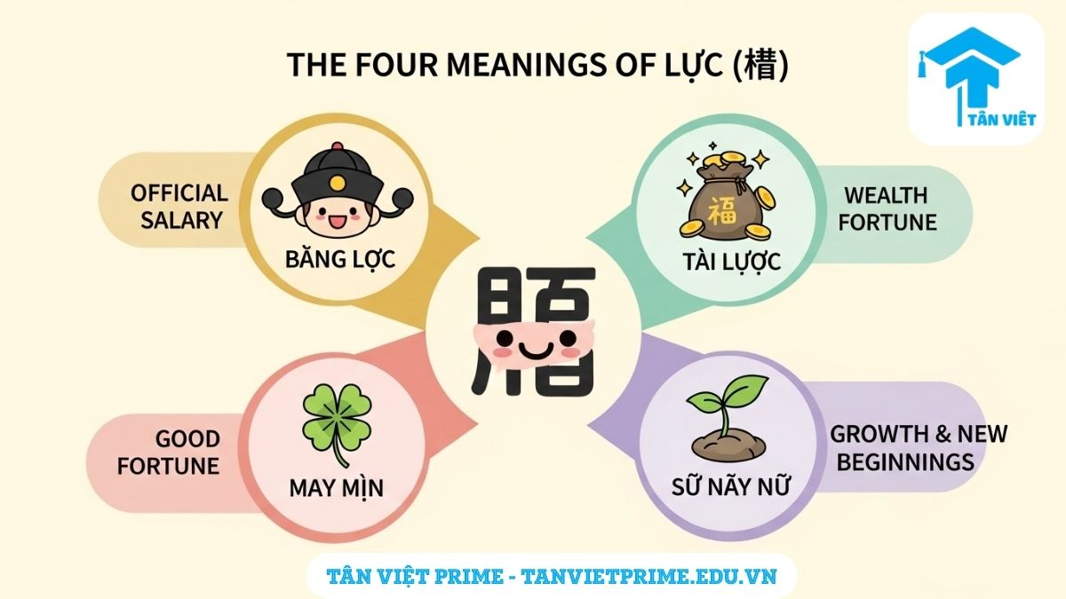 Sơ đồ infographic giải thích 4 tầng ý nghĩa của chữ Lộc (禄), mô tả các khía cạnh: Bổng Lộc, Tài Lộc, May Mắn, và Sự Nảy Nở bằng các biểu tượng chibi dễ thương để làm rõ sự đa dạng trong ý nghĩa của chữ Hán này.