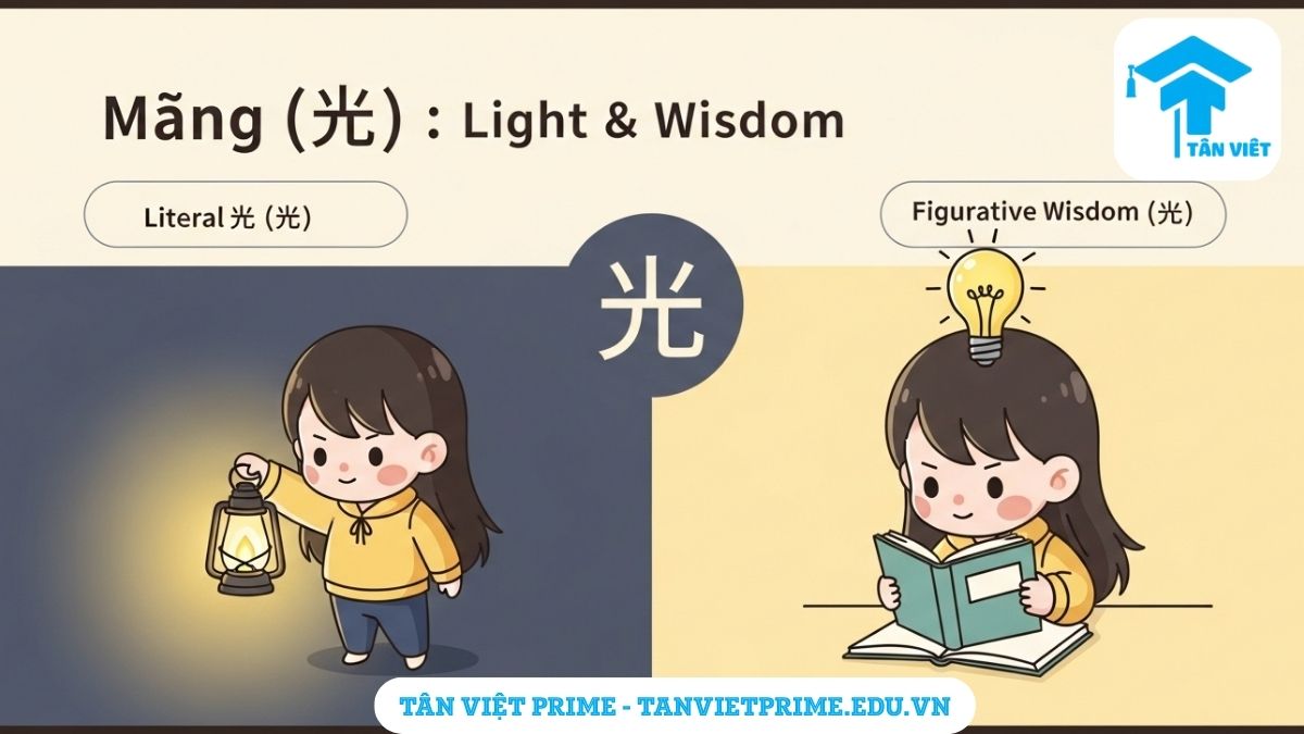 Chữ Minh trong Tiếng Hán (明 / Míng): Ý Nghĩa, Cách Viết & Tên Gọi A-Z 3 Hình ảnh minh họa giải thích hai ý nghĩa của chữ Minh (明), mô tả một nhân vật chibi với ánh sáng vật lý (cầm đèn lồng) và ánh sáng trí tuệ (ý tưởng khi đọc sách), làm rõ các tầng nghĩa sâu sắc của chữ.