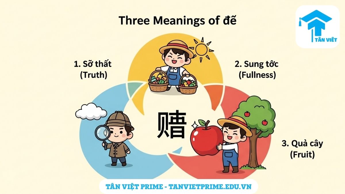 Hình ảnh minh họa 3 lớp nghĩa chính của chữ Thực (實/实), bao gồm "sự thật", "sung túc", và "quả cây", với các biểu tượng chibi đáng yêu tương ứng cho mỗi ý nghĩa
