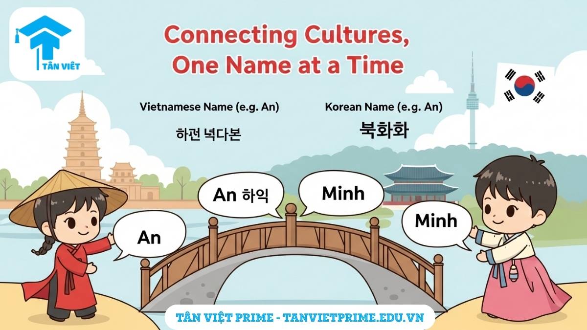 Hình ảnh minh họa giải thích ý nghĩa của việc dịch tên Việt-Hàn trong giao lưu văn hóa, mô tả hai nhân vật chibi Việt Nam và Hàn Quốc cùng nhau xây cây cầu bằng những cái tên, để làm rõ tên gọi là cầu nối tình bạn và sự thấu hiểu. Giao tiếp tiếng Hàn, văn hóa Hàn Quốc.