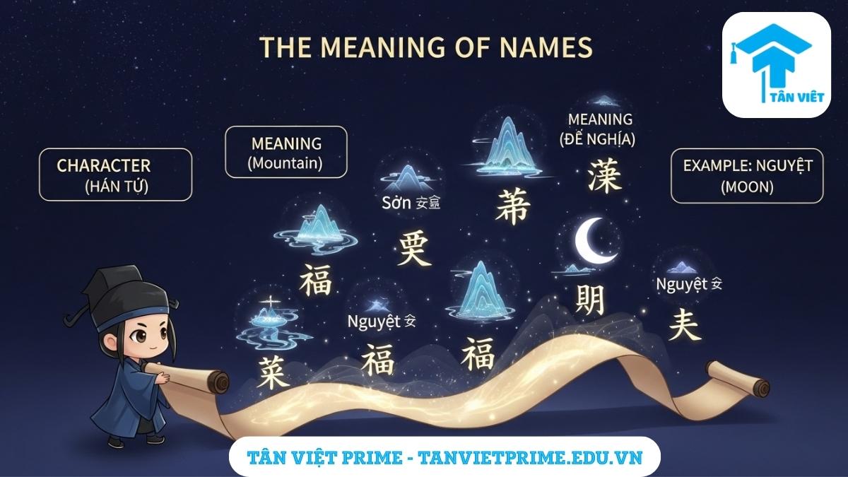 Dịch Tên Tiếng Trung Sang Tiếng Việt: Hướng Dẫn Tra Cứu & Giải Mã Ý Nghĩa A-Z 2 Hình ảnh minh họa giải thích ý nghĩa của tên Hán Việt, mô tả một cuộn giấy cổ mở ra các chữ Hán và biểu tượng ý nghĩa như núi (Sơn) và trăng (Nguyệt) để làm rõ vẻ đẹp và chiều sâu văn hóa trong mỗi cái tên. Khám phá những tên tiếng Trung hay và ý nghĩa cho nam và nữ.