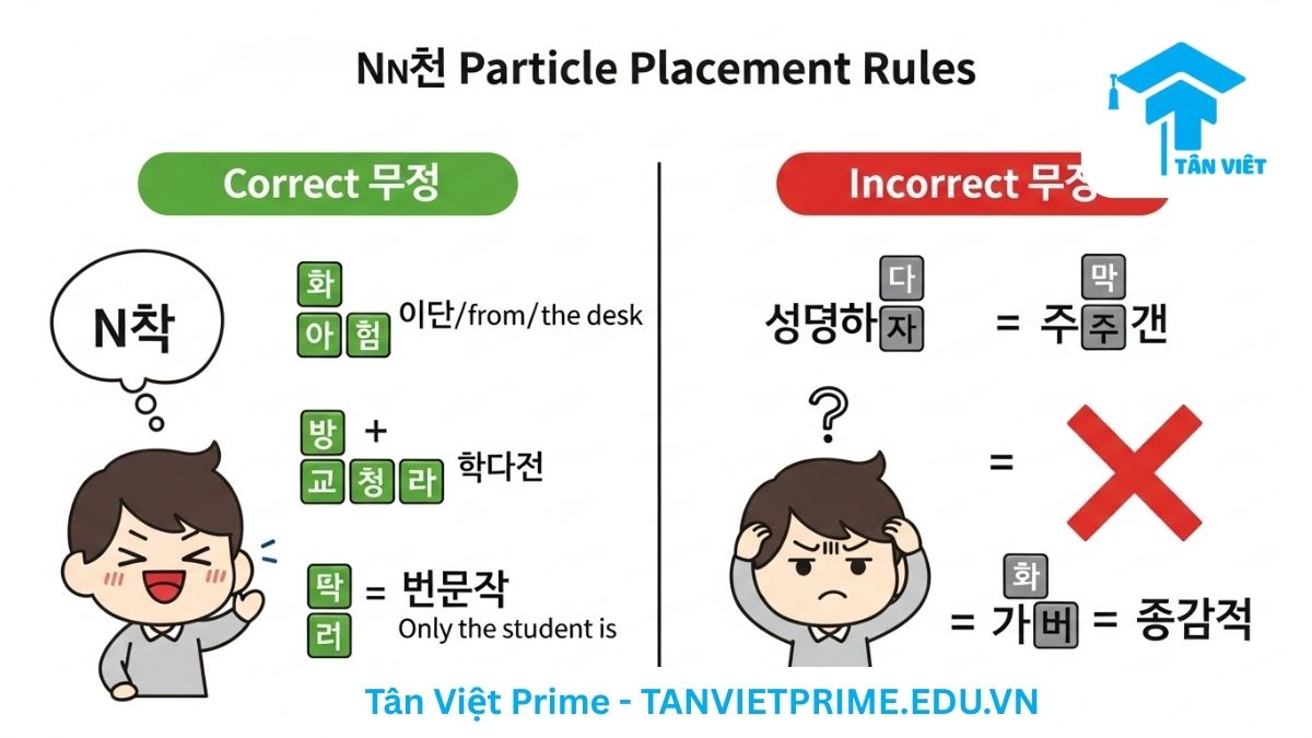 Infographic giải thích quy tắc kết hợp tiểu từ N만, mô tả so sánh giữa cách dùng đúng (에서만) và sai (만에서) thông qua hình ảnh nhân vật chibi đáng yêu, giúp người học tránh lỗi ngữ pháp phổ biến.