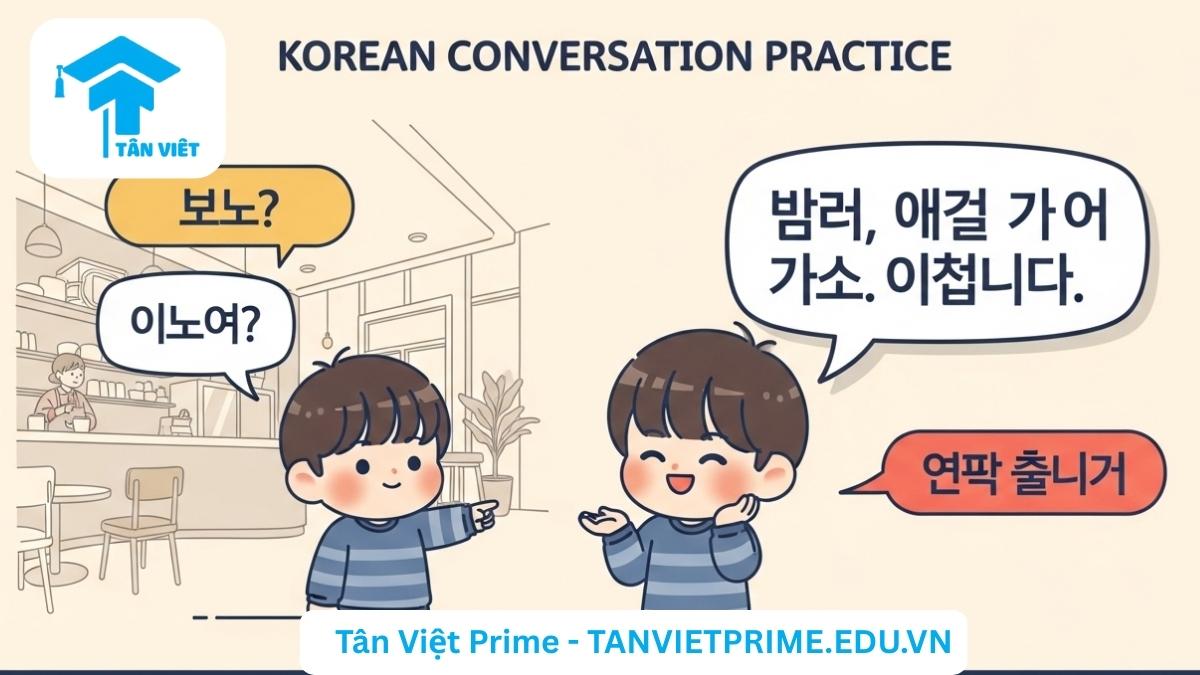 Hình ảnh minh họa giải thích cách dùng N + 이/가 아니다 trong giao tiếp, mô tả hai nhân vật chibi đang hội thoại, một người hỏi "학생이에요?" và người kia trả lời "학생이 아니에요" để làm rõ cách phủ định và sửa thông tin trong thực tế. Hữu ích cho việc luyện tập hội thoại tiếng Hàn.