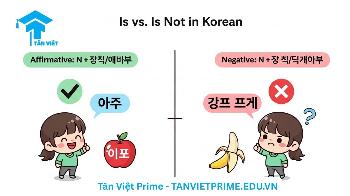 Infographic giải thích ngữ pháp tiếng Hàn N + 이/가 아니다, mô tả một nhân vật chibi so sánh quả táo được khẳng định là "사과예요" (là quả táo) với quả chuối bị phủ định là "사과가 아니에요" (không phải là quả táo) để làm rõ sự khác biệt giữa câu khẳng định và phủ định. Giúp người học hình dung cách dùng câu phủ định.