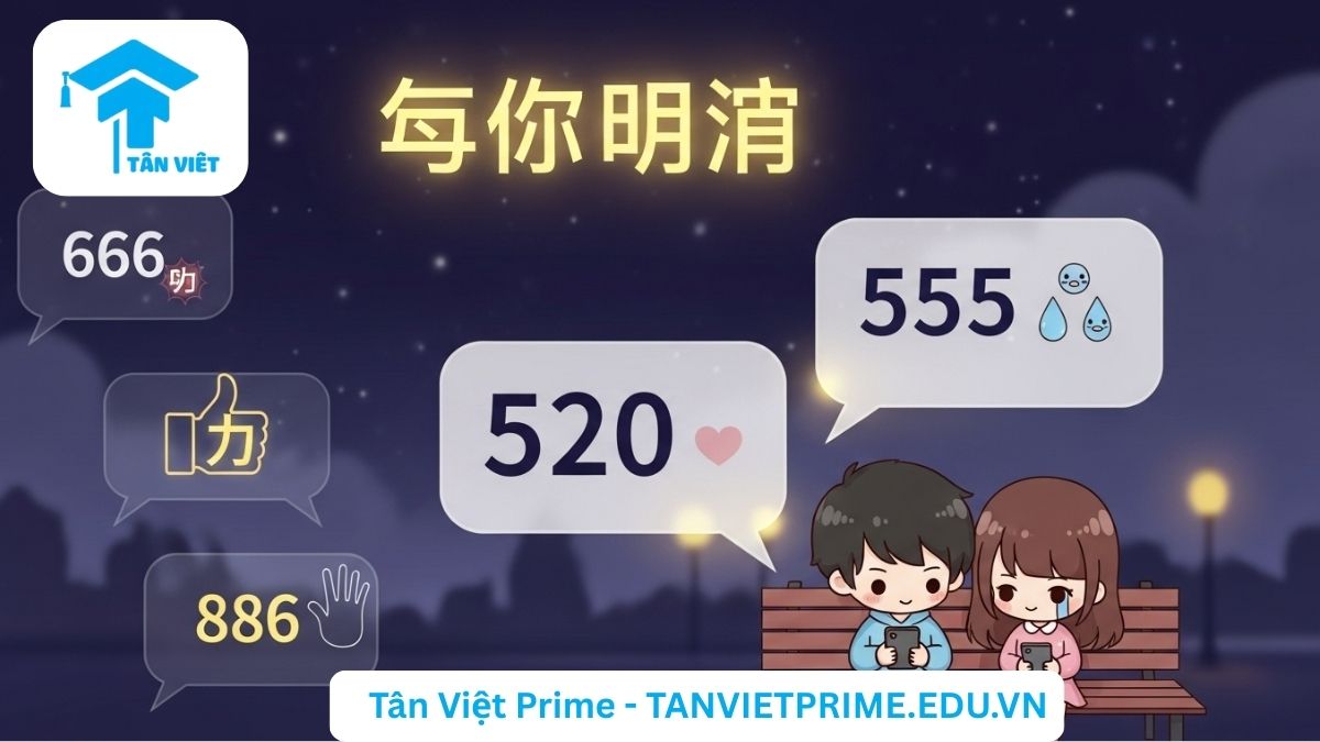 Infographic giải thích các từ lóng tiếng Trung bằng số, mô tả một cặp đôi chibi nhắn tin cho nhau bằng các mã số như 520 (Anh yêu em), 555 (khóc), 666 (quá đỉnh) và 886 (tạm biệt) để làm rõ cách giới trẻ Trung Quốc sử dụng số để giao tiếp nhanh.