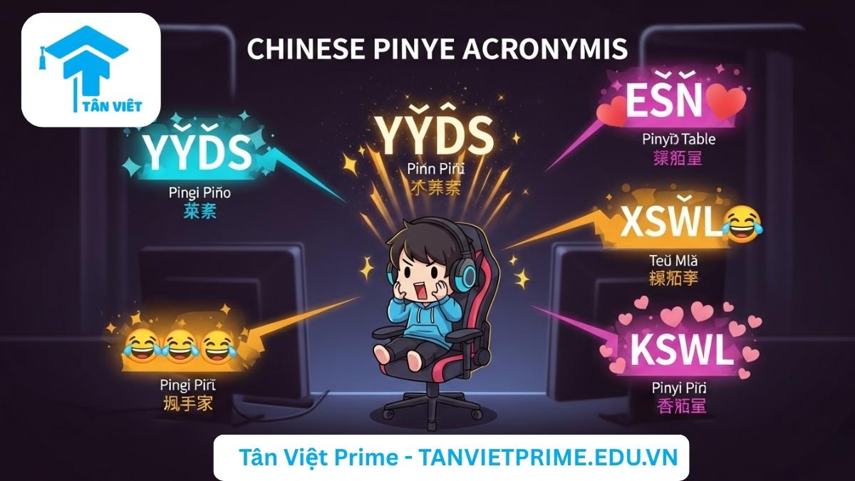 Infographic giải thích các từ lóng tiếng Trung viết tắt, mô tả một nhân vật chibi game thủ đang phản ứng với các từ viết tắt Pinyin như YYDS, XSWL, KSWL để làm rõ cách sử dụng chúng trong game và giao tiếp online.