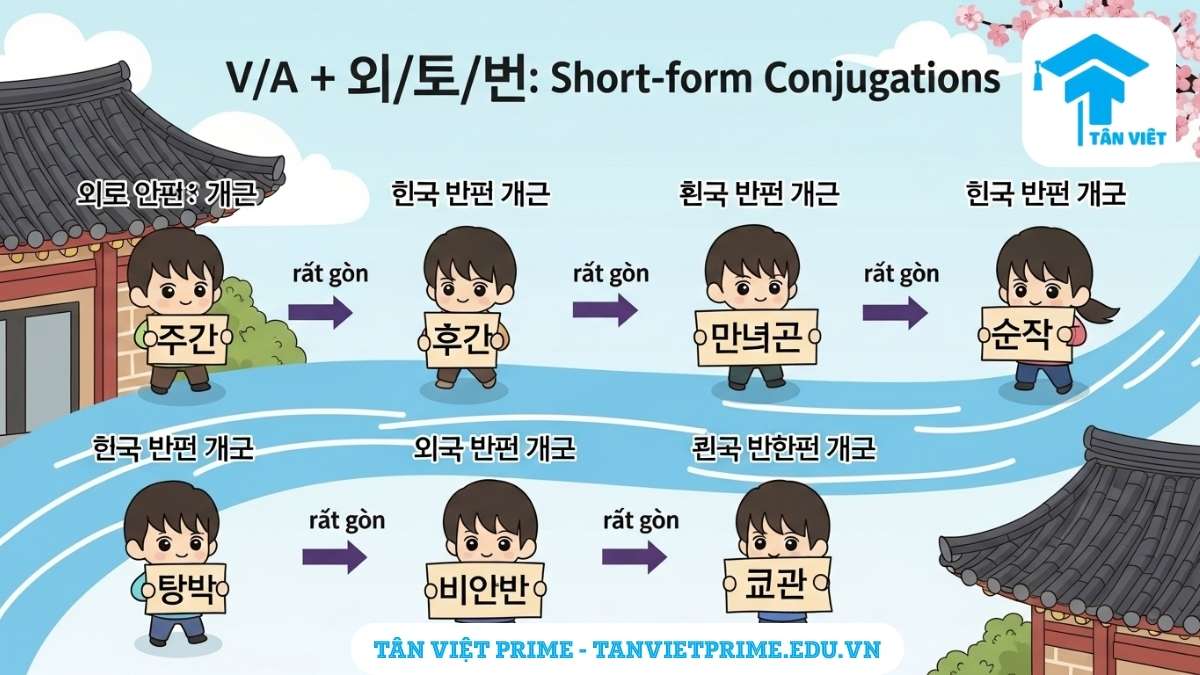 Infographic minh họa các trường hợp rút gọn của đuôi câu 아/어/여요 khi động/tính từ không có patchim, mô tả quá trình chuyển đổi từ dạng gốc sang dạng rút gọn (ví dụ: 오다 thành 와요, 마시다 thành 마셔요) để làm rõ cách chia nhanh và tự nhiên. Hữu ích cho giao tiếp hàng ngày.
