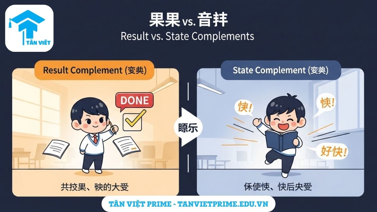 Infographic minh họa sự khác biệt giữa Bổ ngữ Kết quả (结果补语) và Bổ ngữ Trạng thái (状态补语) trong tiếng Trung, mô tả qua hình ảnh chibi học sinh thực hiện hành động. Giúp người học dễ dàng nắm bắt cách dùng và phân biệt hai loại bổ ngữ này.