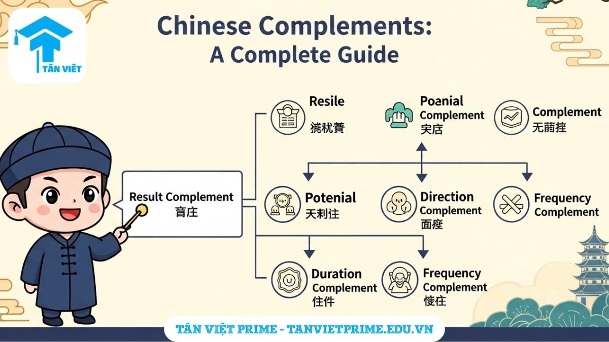 Infographic giải thích Bổ ngữ trong tiếng Trung, mô tả sơ đồ phân loại 6 loại bổ ngữ chính với hình ảnh giáo viên chibi đáng yêu để làm rõ khái niệm ngữ pháp cốt lõi. Cẩm nang đầy đủ về 补语 giúp bạn học tiếng Trung hiệu quả.