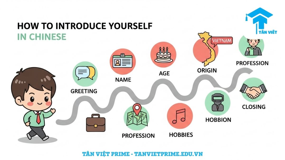 Infographic giải thích cấu trúc 7 bước giới thiệu bản thân bằng tiếng Trung, mô tả một nhân vật chibi đi theo con đường có các biểu tượng cho từng bước như chào hỏi, tên, tuổi, quê quán, nghề nghiệp, sở thích và kết thúc để làm rõ trình tự logic của một bài giới thiệu hoàn chỉnh. Giúp người mới bắt đầu học tiếng Trung giao tiếp tự tin.