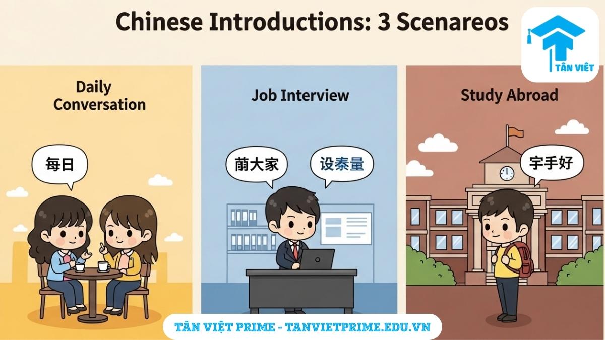Infographic so sánh giải thích cách điều chỉnh bài giới thiệu bản thân bằng tiếng Trung cho 3 tình huống khác nhau, mô tả ba nhân vật chibi trong các bối cảnh giao tiếp hàng ngày, phỏng vấn xin việc và phỏng vấn du học để làm rõ sự khác biệt về từ vựng và văn phong trong từng ngữ cảnh. Mẫu câu giới thiệu bản thân chuyên nghiệp.