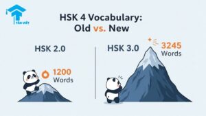 An infographic comparing the HSK 4 vocabulary requirements between the old HSK 2.0 (1200 words) and the new HSK 3.0 (3245 words). This visual guide helps intermediate Chinese learners understand the significant increase in the number of words needed to conquer the exam.
