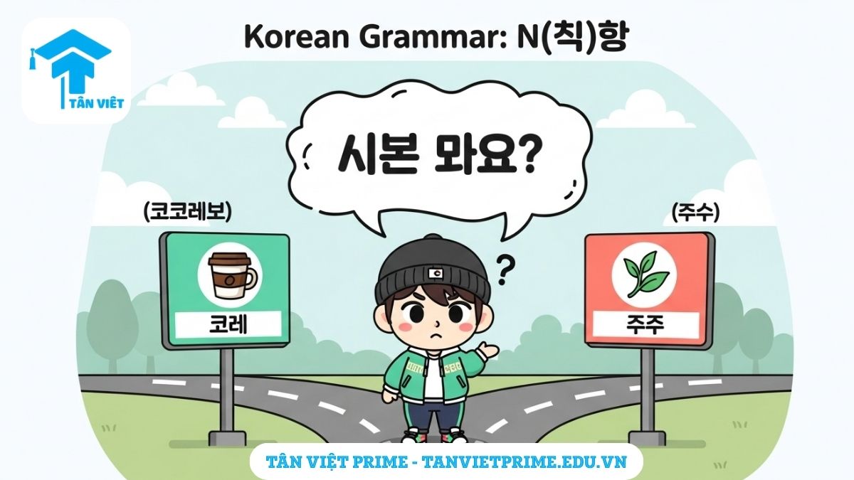 [Hình ảnh minh họa] giải thích ngữ pháp N(이)나 nghĩa là "hoặc", mô tả một nhân vật chibi dễ thương đang phân vân giữa hai lựa chọn là "cà phê" (커피) và "trà" (차) để làm rõ cách dùng N(이)나 để chỉ sự lựa chọn A hoặc B.