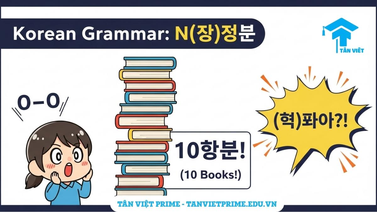 [Hình ảnh minh họa] giải thích ngữ pháp N(이)나 nghĩa là "đến tận", mô tả một nhân vật chibi ngạc nhiên khi nhìn thấy một chồng 10 quyển sách (10권) để làm rõ cách dùng (이)나 để nhấn mạnh số lượng nhiều hơn mong đợi. Phân biệt với -밖에.