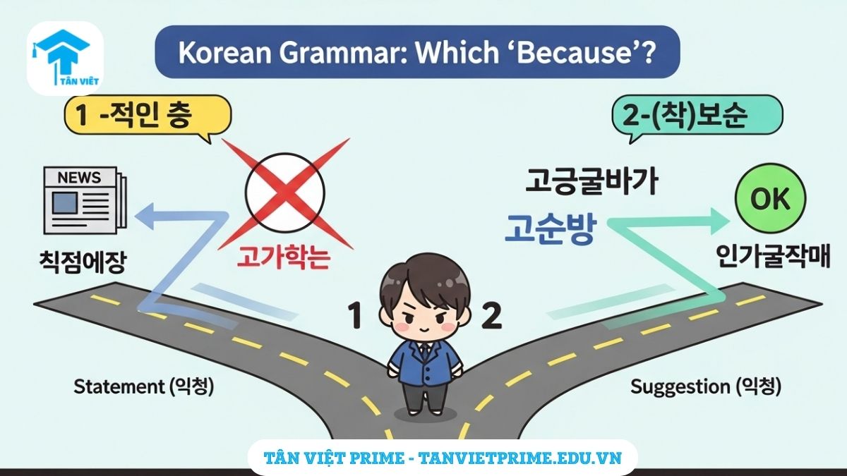 Infographic giải thích ngữ pháp nguyên nhân tiếng Hàn, mô tả một nhân vật chibi chọn giữa hai con đường là -기 때문에 (cấm mệnh lệnh) và -(으)니까 (dùng cho mệnh lệnh), để làm rõ sự khác biệt cốt lõi khi diễn tả lý do.