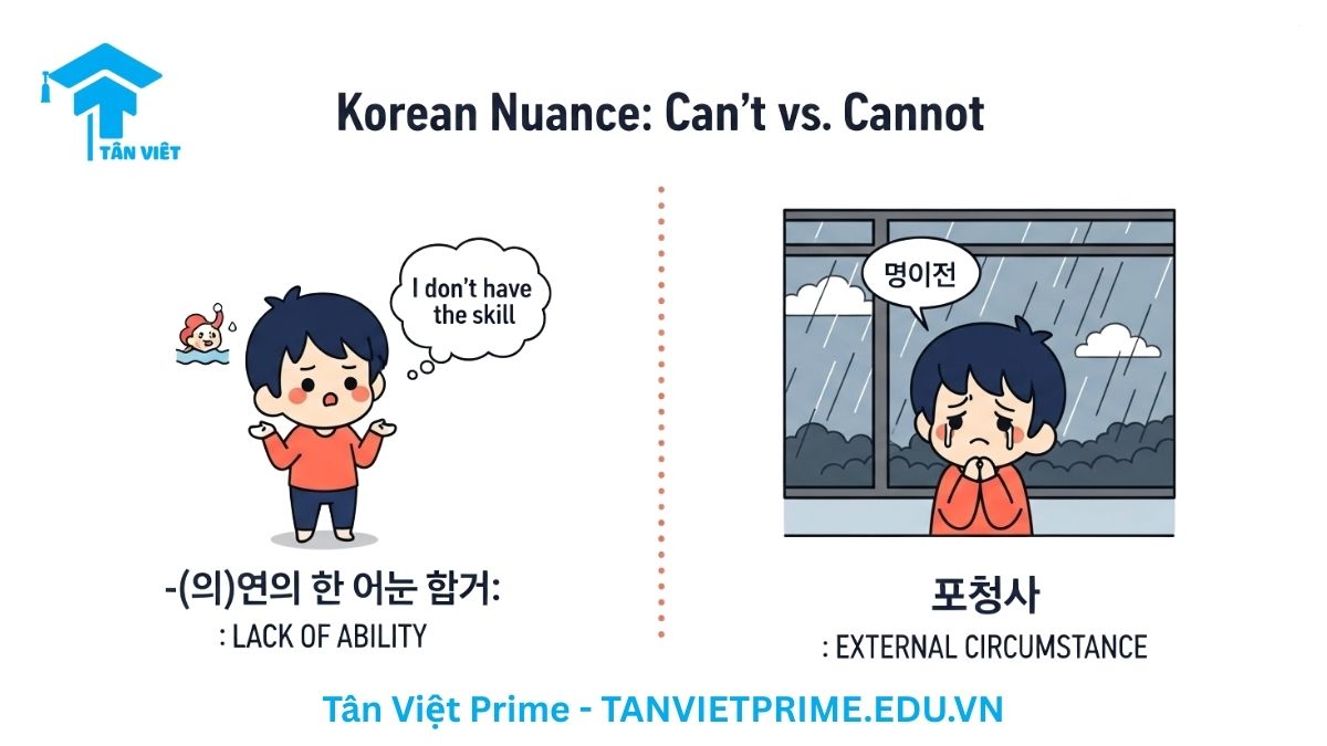 Infographic giải thích sự khác biệt giữa -(으)ㄹ 수 없다 và 못하다, mô tả hai tình huống: một là không có năng lực (ví dụ: không biết bơi), hai là muốn làm nhưng hoàn cảnh không cho phép (ví dụ: trời mưa). Giúp người học phân biệt và sử dụng đúng ngữ cảnh.