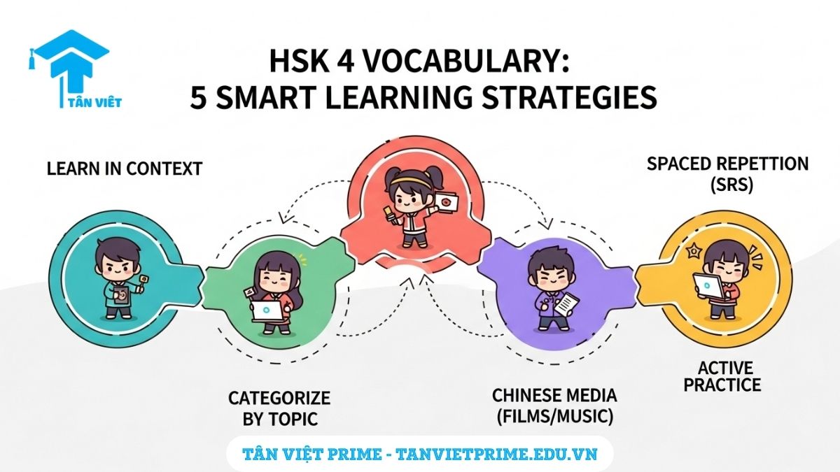 Hình ảnh minh họa các phương pháp học từ vựng HSK 4 hiệu quả, mô tả 5 chiến lược chính: học theo ngữ cảnh, SRS, phân loại chủ đề, xem phim/nghe nhạc và luyện tập chủ động để làm rõ cách ghi nhớ từ vựng lâu dài. Tăng cường khả năng ghi nhớ và áp dụng thực tế.