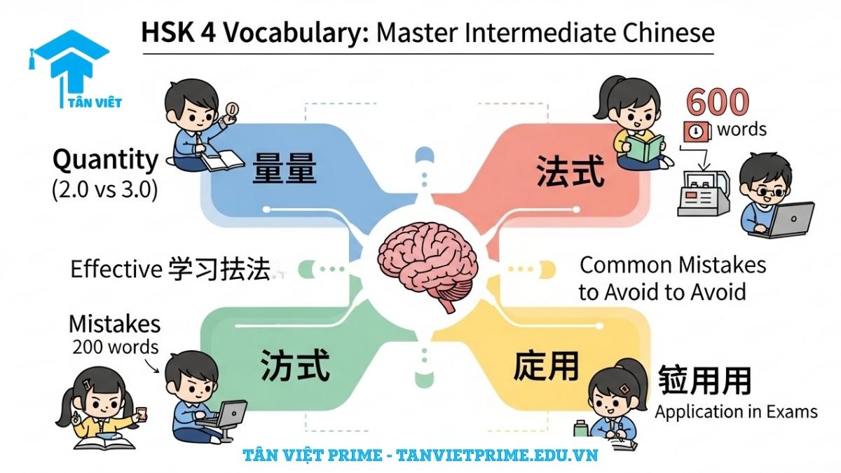 Infographic giải thích Từ Vựng HSK 4, mô tả tổng quan về số lượng từ, phương pháp học hiệu quả, lỗi cần tránh và cách ứng dụng trong bài thi để làm rõ lộ trình chinh phục HSK 4. Giúp người học nắm bắt nhanh các thông tin cốt lõi.