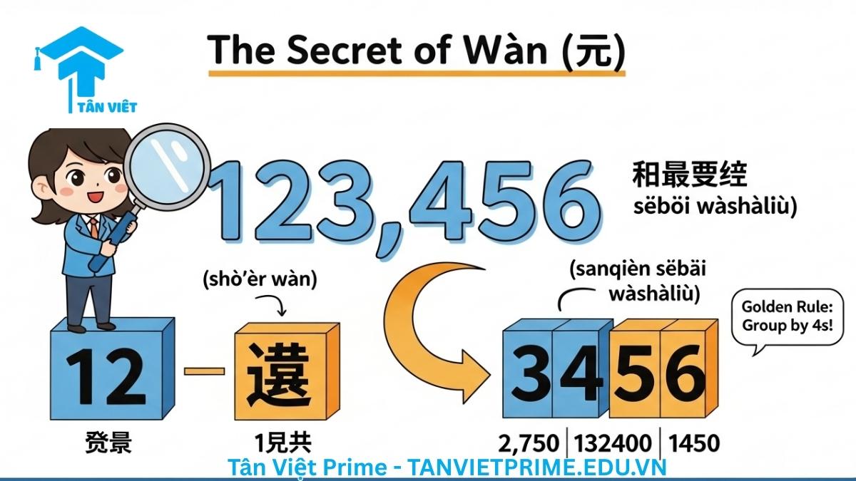 Infographic giải thích quy tắc đọc số lớn trong tiếng Trung, mô tả một nhân vật chibi giải thích cách nhóm 4 chữ số để đọc đơn vị Vạn (万) với ví dụ số 123,456, để làm rõ cách đọc số trên mười nghìn.