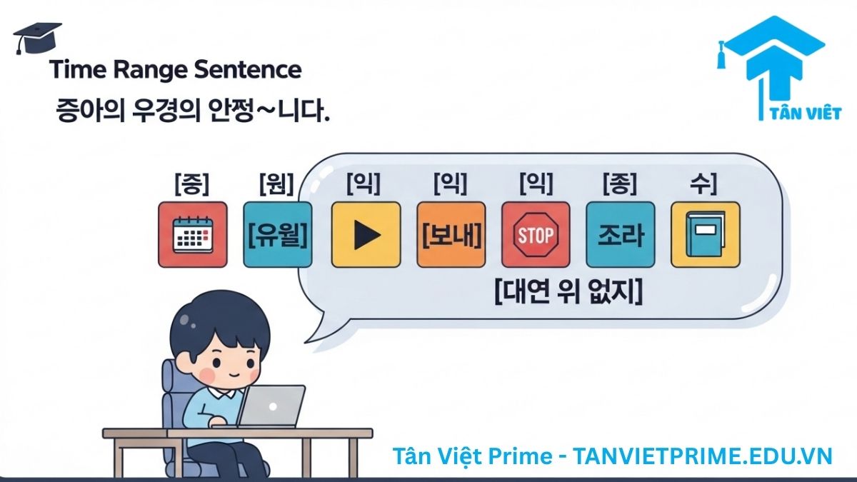 Hình ảnh minh họa giải thích cấu trúc câu với N부터 N까지, mô tả một học sinh và câu ví dụ "Học tiếng Hàn từ thứ Hai đến thứ Sáu" được xếp bằng các khối màu sắc để làm rõ cách áp dụng ngữ pháp vào một câu hoàn chỉnh.