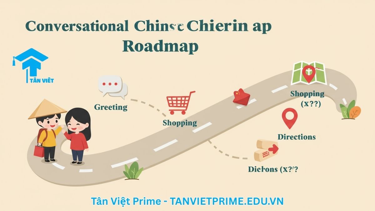Infographic giải thích lộ trình học tiếng Trung giao tiếp, mô tả một con đường với các cột mốc từ chào hỏi, mua sắm đến hỏi đường để làm rõ các bước chinh phục kỹ năng hội thoại. Phù hợp cho người mới bắt đầu.