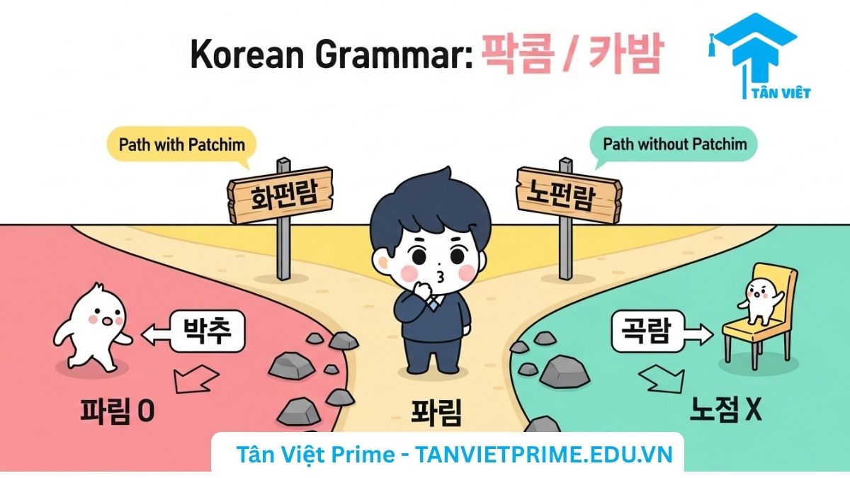 Infographic giải thích ngữ pháp tiếng Hàn N + 이에요/예요, mô tả một nhân vật chibi đứng trước hai con đường: một đường gập ghềnh (có patchim) dẫn đến '이에요', và một đường bằng phẳng (không có patchim) dẫn đến '예요', làm rõ quy tắc chia đuôi câu "là".