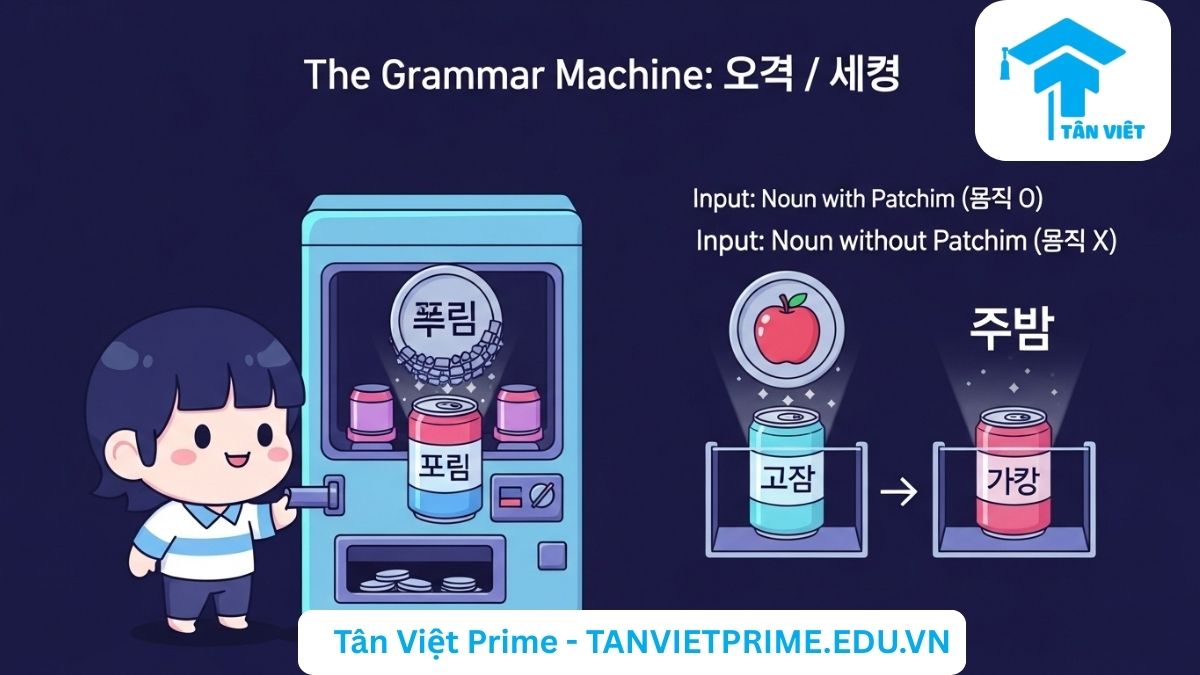 Hình ảnh minh họa giải thích ngữ pháp N + 이에요/예요, mô tả một cỗ máy bán hàng tự động kỳ diệu: bỏ "danh từ có patchim" vào sẽ nhận được '이에요', bỏ "danh từ không patchim" vào sẽ nhận được '예요', làm rõ cách chọn đuôi câu "là" trong tiếng Hàn.