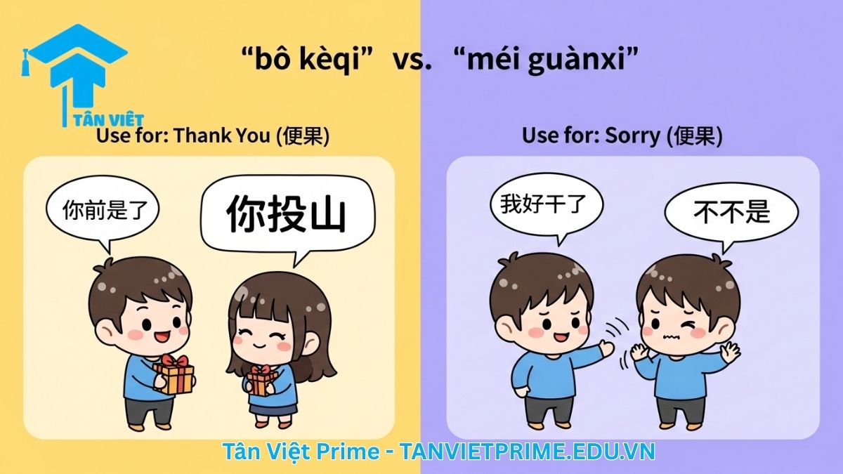 Hình ảnh minh họa giải thích sự khác biệt giữa "不客气" và "没关系", mô tả hai kịch bản giao tiếp: một cảnh đáp lại lời cảm ơn bằng "不客气" và một cảnh đáp lại lời xin lỗi bằng "没关系" để làm rõ cách sử dụng đúng hai cụm từ trong các ngữ cảnh khác nhau. Tránh nhầm lẫn trong giao tiếp tiếng Trung cơ bản