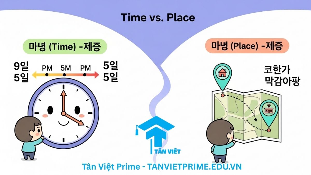 Infographic giải thích sự khác biệt giữa N부터 N까지 và N에서 N까지, mô tả một bên là hình ảnh đồng hồ (thời gian) và một bên là bản đồ (nơi chốn) để làm rõ cách dùng chính xác của hai cấu trúc "từ... đến..." trong tiếng Hàn.