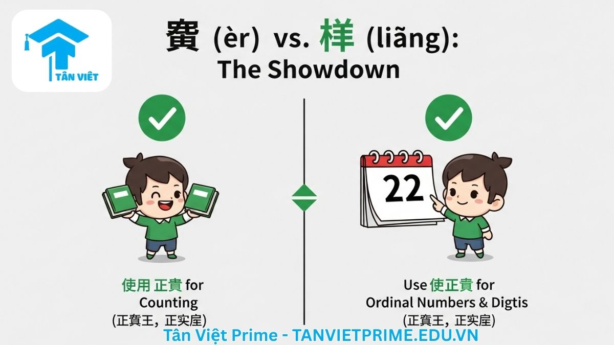 Sơ đồ giải thích cách phân biệt 二 (èr) và 两 (liǎng), mô tả trực quan trường hợp dùng 两 với lượng từ (hai quyển sách) và dùng 二 trong số đếm (số 22), để làm rõ quy tắc sử dụng số 2 trong tiếng Trung