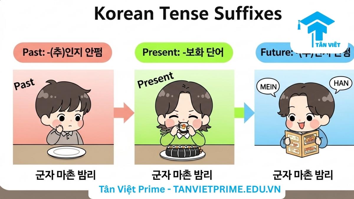 Infographic so sánh các thì trong ngữ pháp tiếng Hàn, mô tả các nhân vật chibi ăn uống trong quá khứ, hiện tại, và tương lai để làm rõ sự khác biệt giữa -(으)ㄴ 것, -는 것, và -(으)ㄹ 것.