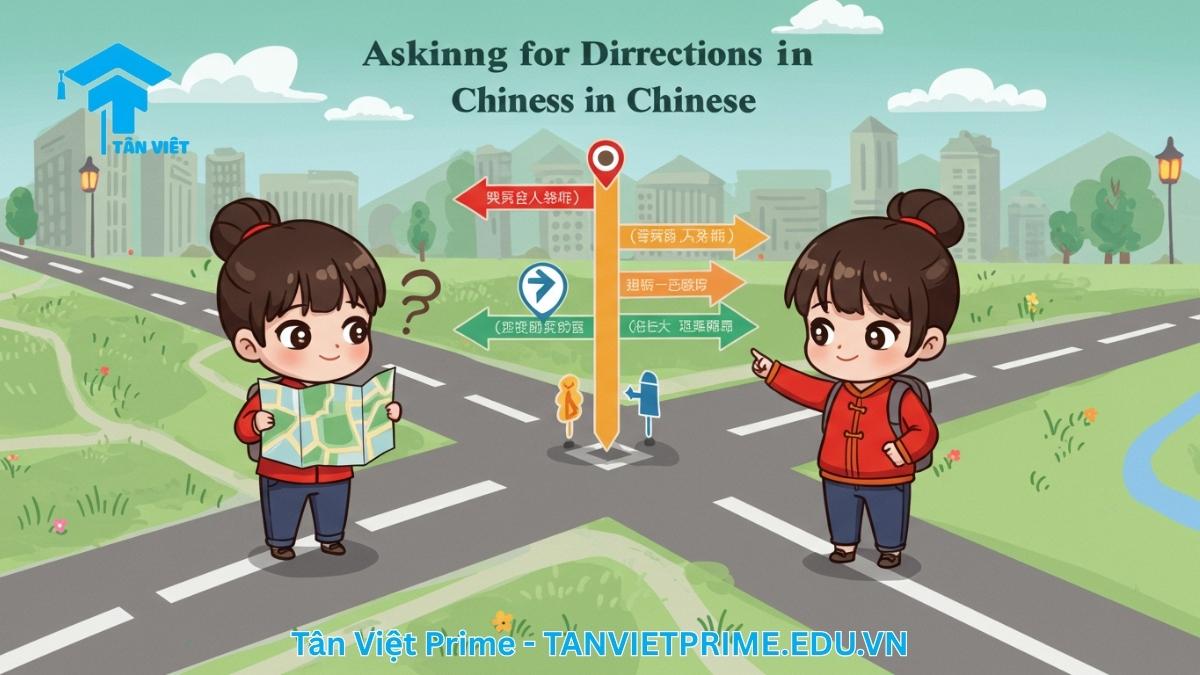 Sơ đồ giải thích cách hỏi đường bằng tiếng Trung, mô tả hai nhân vật chibi trên bản đồ với các mũi tên chỉ hướng để làm rõ các cụm từ quan trọng như rẽ trái, rẽ phải, đi thẳng. Hữu ích cho khách du lịch
