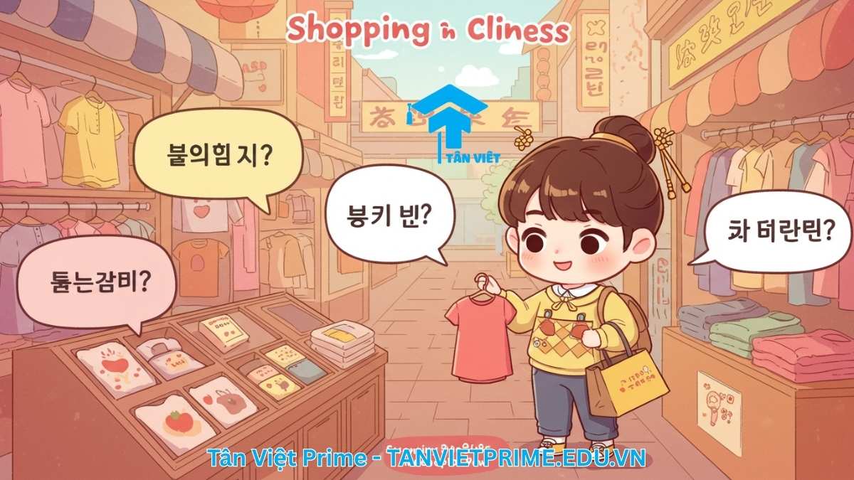 Hình ảnh minh họa giải thích các câu tiếng Trung giao tiếp khi mua sắm, mô tả một nhân vật chibi đang hỏi giá và mặc cả để làm rõ cách ứng dụng hội thoại vào thực tế. Bao gồm các câu hỏi thông dụng