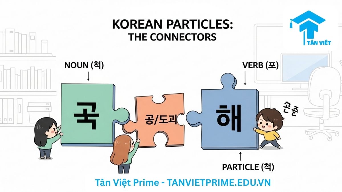 Infographic minh họa giải thích vai trò của tiểu từ tiếng Hàn (조사), mô tả các mảnh ghép puzzle tượng trưng cho danh từ và động từ, với tiểu từ là mảnh ghép nhỏ kết nối chúng lại để làm rõ tiểu từ là thành phần thiết yếu để tạo nên một câu hoàn chỉnh. Giúp người học hình dung chức năng ngữ pháp của trợ từ.