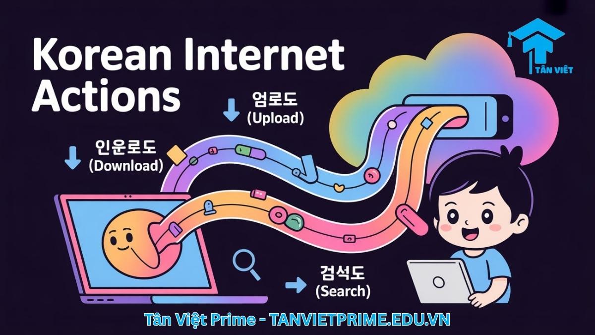 Từ Vựng Tiếng Hàn Về Máy Tính: Cẩm Nang Toàn Diện Từ A-Z (2025) 3 Hình ảnh minh họa giải thích từ vựng tiếng Hàn về Internet, mô tả một nhân vật chibi đang thực hiện các hành động tải xuống (다운로드), tải lên (업로드), và tìm kiếm (검색) để làm rõ các thao tác trực tuyến cơ bản và thông dụng nhất.