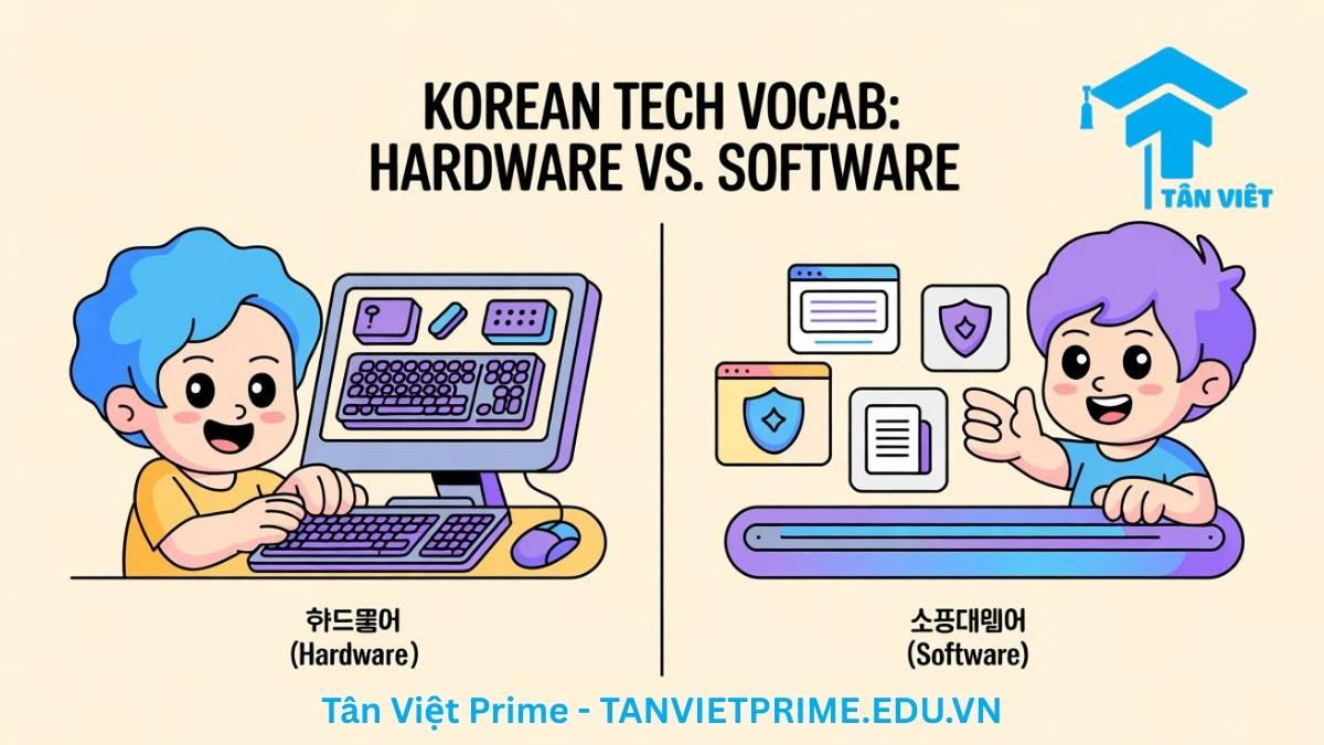 Từ Vựng Tiếng Hàn Về Máy Tính: Cẩm Nang Toàn Diện Từ A-Z (2025) 2 Infographic giải thích từ vựng tiếng Hàn về máy tính, mô tả hai nhân vật chibi phân biệt giữa phần cứng (하드웨어) như màn hình, bàn phím và phần mềm (소프트웨어) như ứng dụng, chương trình để làm rõ hai khái niệm cốt lõi trong công nghệ thông tin.