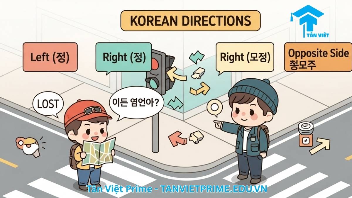 Sơ đồ tình huống giải thích từ vựng tiếng Hàn về phương hướng, mô tả một du khách đang hỏi đường và được chỉ dẫn với các chú thích cho bên trái, bên phải và đối diện. Giúp người học tự tin áp dụng từ vựng vào giao tiếp thực tế