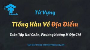 Sơ đồ giải thích các từ vựng tiếng Hàn về địa điểm, thể hiện một bản đồ khu phố với các nơi chốn như công viên (공원), trường học (학교), và ngân hàng (은행) được chú thích rõ ràng.