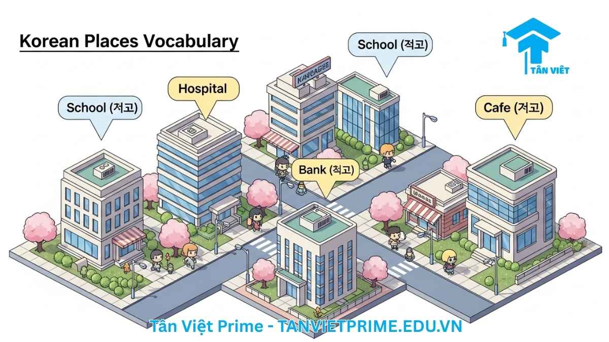 Infographic giải thích từ vựng tiếng Hàn về địa điểm, mô tả một sơ đồ khu phố 3D dễ thương với các địa điểm công cộng như trường học, bệnh viện, ngân hàng được chú thích bằng tiếng Hàn. Giúp người học hình dung và ghi nhớ từ vựng trong bối cảnh thực tế.