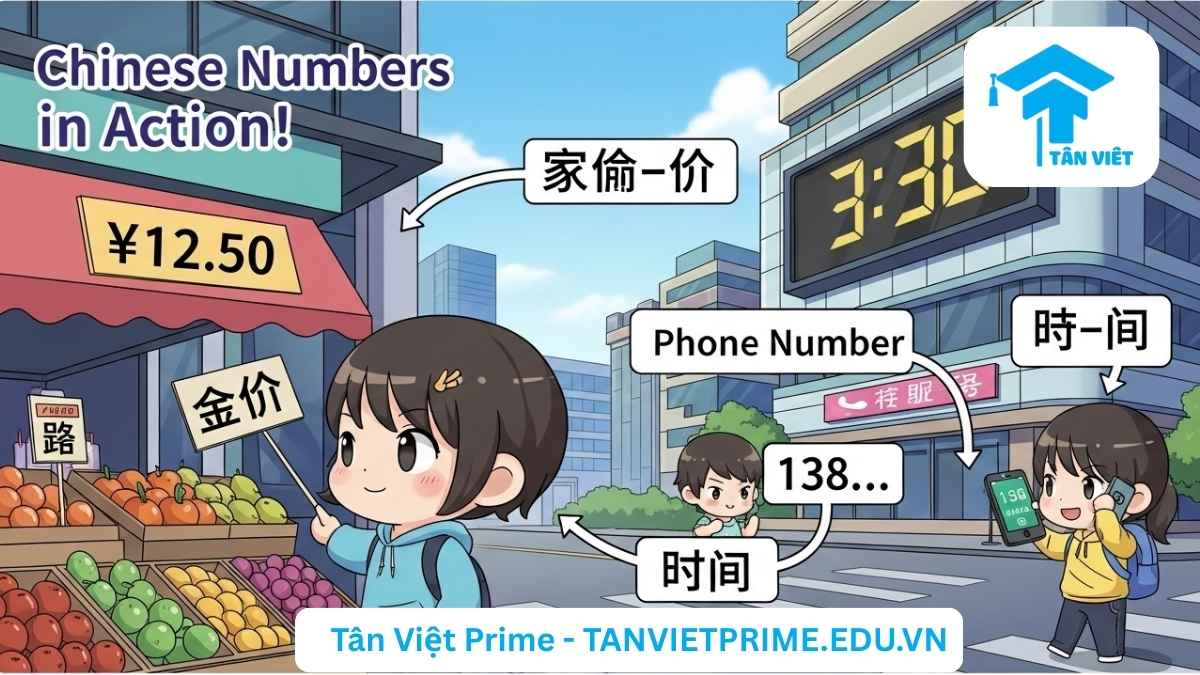 Hình ảnh minh họa ứng dụng của số đếm tiếng Trung, mô tả một khung cảnh đời sống với các con số xuất hiện trên giá tiền, số điện thoại và đồng hồ, để làm rõ cách sử dụng số đếm trong thực tế.