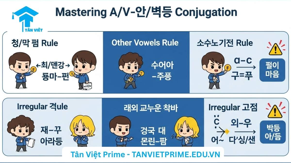 Infographic so sánh ngữ pháp A/V-아/어요 với các đuôi câu tiếng Hàn khác, mô tả sự khác biệt về mức độ lịch sự (thân thiện, trang trọng, thân mật) qua các nhân vật chibi trong các ngữ cảnh khác nhau, giúp phân biệt rõ ràng cách sử dụng đuôi câu.