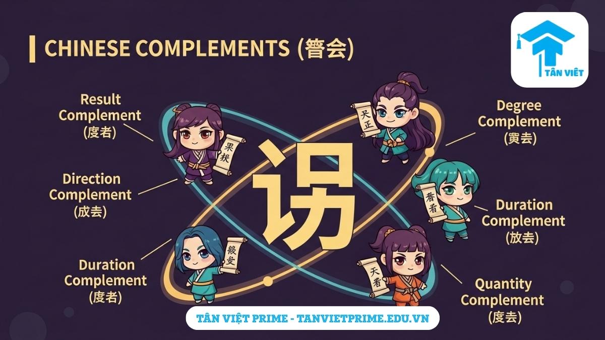 Infographic giải thích hệ thống bổ ngữ trong tiếng Trung, mô tả một nhân vật trung tâm với các nhân vật chibi bổ ngữ xoay quanh để làm rõ cách bổ ngữ làm rõ nghĩa cho động từ/tính từ. Giúp người học diễn đạt chi tiết hành động và trạng thái.