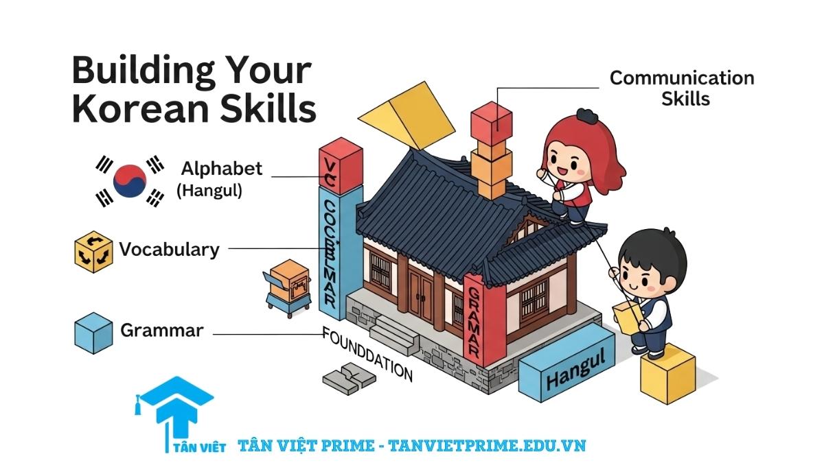 Hình ảnh minh họa giải thích các yếu tố nền tảng để học tiếng Hàn hiệu quả, mô tả một nhân vật chibi đang xây ngôi nhà từ các khối lập phương tượng trưng cho Bảng chữ cái, Từ vựng, và Ngữ pháp, để làm rõ tầm quan trọng của việc xây dựng kiến thức cơ bản.