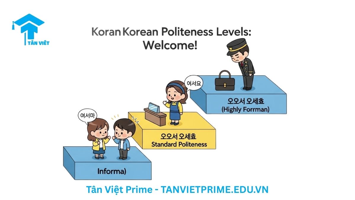 Cách Nói "Xin Mời Vào" Tiếng Hàn: Phân Biệt 어서 오세요 & 들어오세요 3 Infographic giải thích các cấp độ lịch sự khi nói "xin mời vào" tiếng Hàn, minh họa ba bậc thang từ thân mật đến trang trọng với các câu chào tương ứng là 어서 와, 어서 오세요, và 어서 오십시오, giúp người học dùng đúng kính ngữ.
