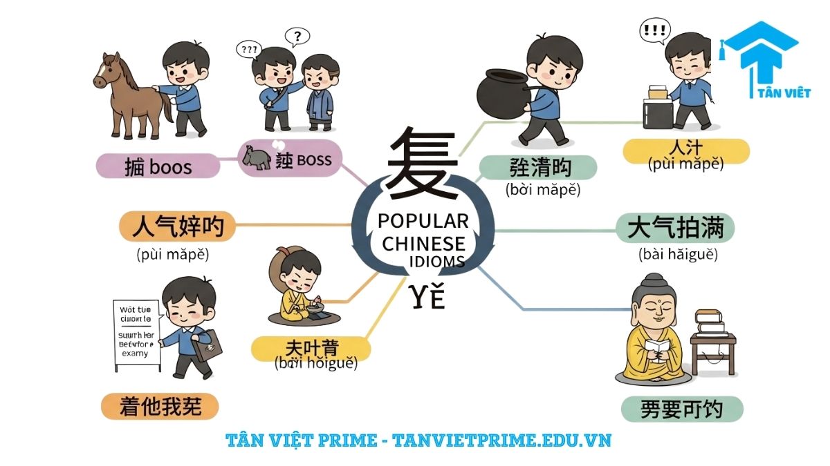Infographic giải thích các quán dụng ngữ tiếng Trung thông dụng, mô tả một sơ đồ tư duy với các hình minh họa chibi dễ thương cho nhiều quán dụng ngữ như '拍马屁' (nịnh bợ), '背黑锅' (chịu oan), và '抱佛脚' (nước đến chân mới nhảy), để làm rõ ý nghĩa của các cụm từ phổ biến một cách trực quan. Tổng hợp từ vựng HSK5 và giao tiếp hàng ngày.