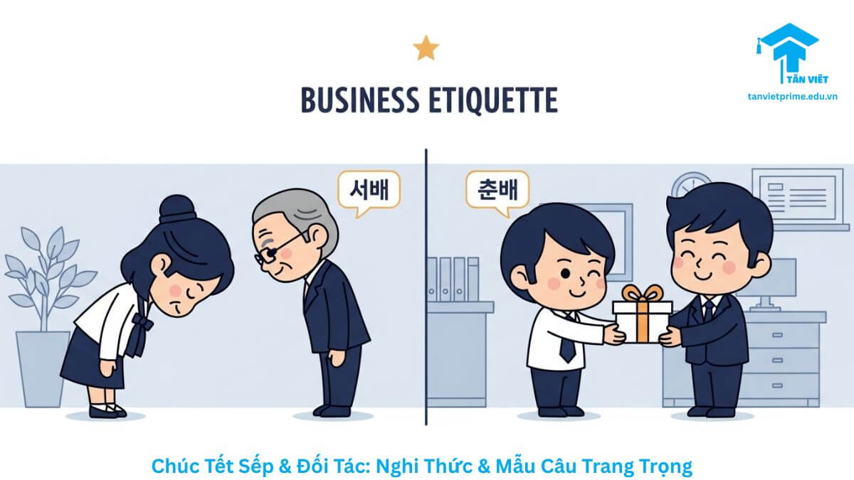 Chúc Mừng Năm Mới Tiếng Hàn 2026: 99+ Câu Chúc Sếp & Đối Tác Hay Nhất 3 Infographic hướng dẫn nghi thức cúi chào Sebae và văn hóa tặng quà khi chúc Tết Sếp hoặc đối tác người Hàn Quốc để thể hiện sự kính trọng và chuyên nghiệp.