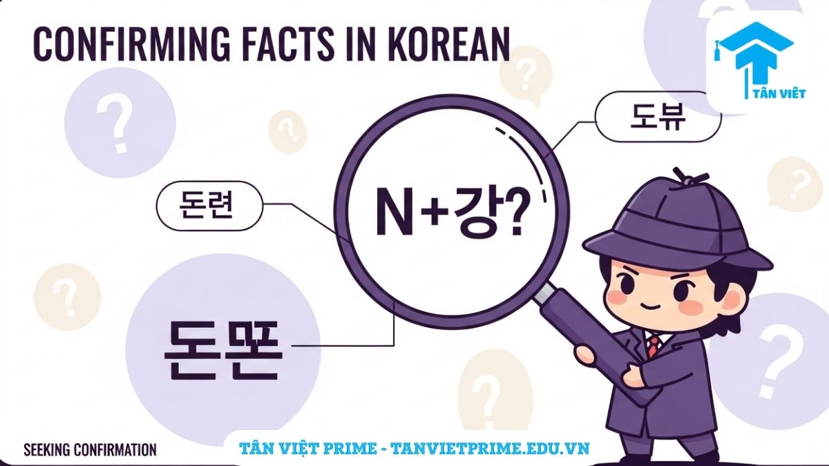 Sơ đồ giải thích cách dùng đuôi câu 입니까?, mô tả một thám tử chibi dùng kính lúp để "soi" một danh từ và biến nó thành câu hỏi để làm rõ chức năng xác nhận thông tin của ngữ pháp. Học ngữ pháp tiếng Hàn vui nhộn.