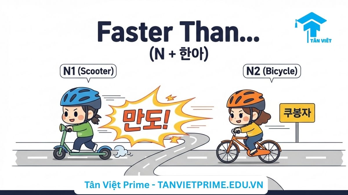 Hình ảnh minh họa ngữ pháp so sánh N + 보다, mô tả một chiếc xe tay ga chạy nhanh hơn xe đạp trên đường đua để làm rõ cách diễn đạt "nhanh hơn" trong tiếng Hàn.